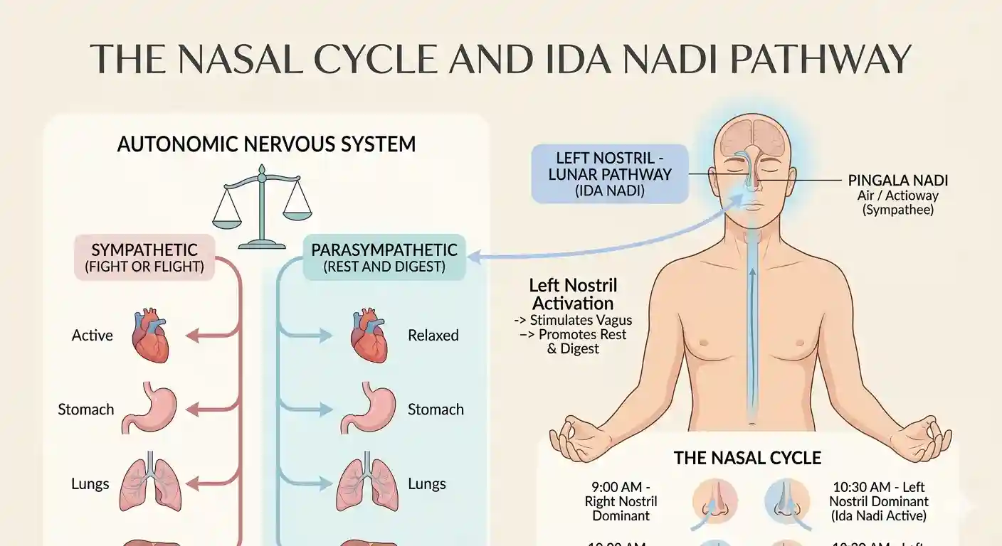 Illustration of the Nasal Cycle and the Ida Nadi pathway — left nostril connection to the parasympathetic nervous system